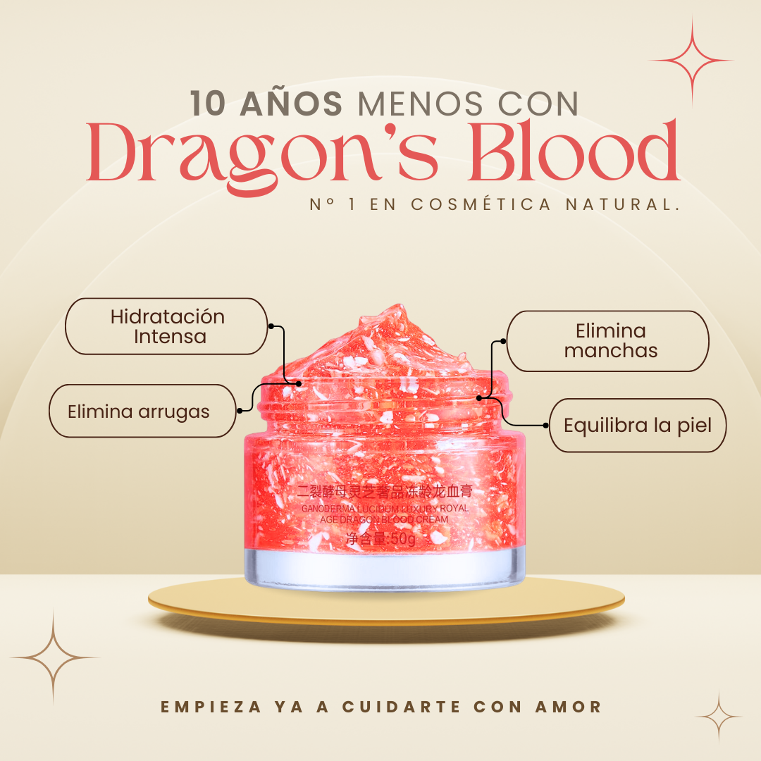 Frasco de crema facial rejuvenecedora ¡10 Años Menos! Dragon's Blood con fondo neutro