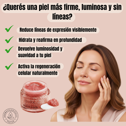 10 años menos dragon's blood - crema facial rejuvenecedora, mujer disfrutando de su rutina de cuidado facial con producto rejuvenecedor.